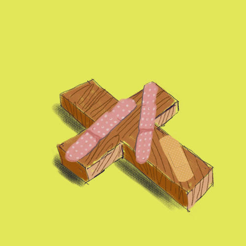 An illustration shows a cross covered in bandaids.