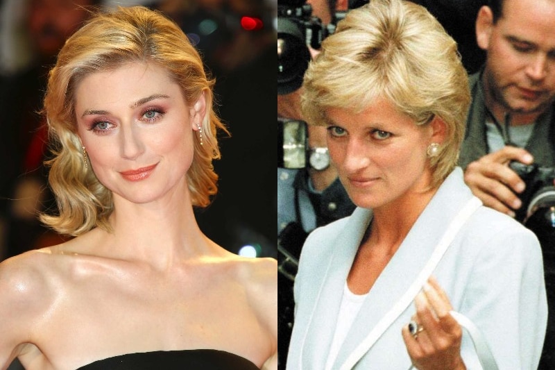 A composite of Elizabeth Debicki at a film premiere and Princess Diana standing in front of paparazzi