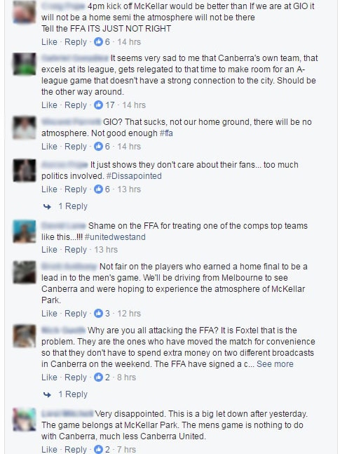 Facebook comments on the relocation of Canberra United's final