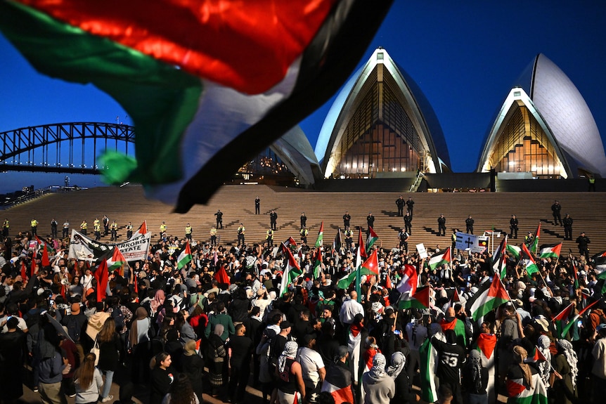Participants of a Free Palestine rally react outside the Sydney Opera House in Sydne