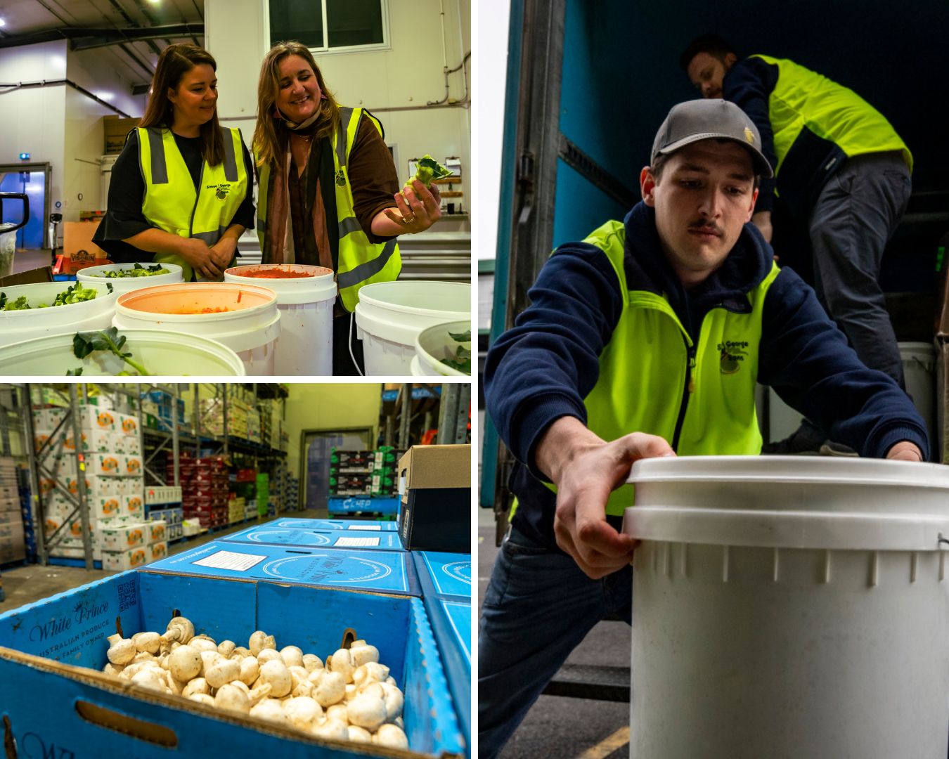 A collage of three photos showing box of vegetables in the factory and people looking moving at white buckets of food