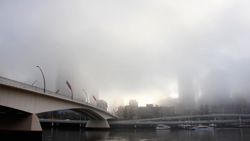 Fog covers the Brisbane CBD.