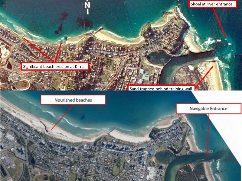 side-by-side comparison of aerial photos of coolangatta bay before and after sand pumping showing different coastal geography