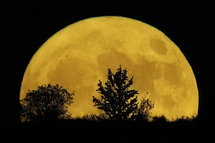 A large, yellow full moon rising from behind a hill