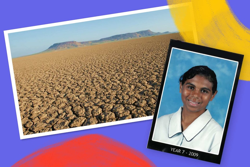 A composite image of Wyndham in WA and a school photo of Molly Hunt from year 7, when she relocated to Sydney.