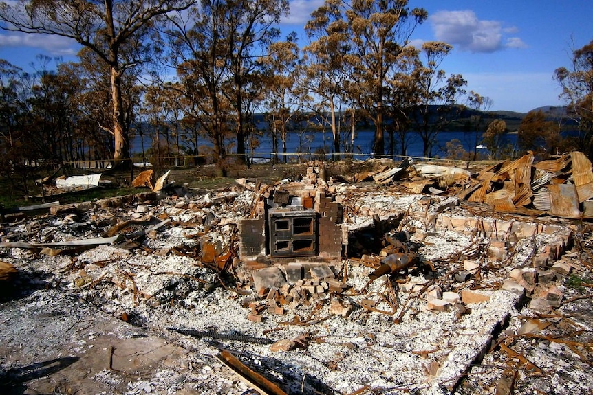 The remnants of a building destroyed by fire.