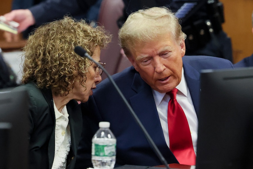 Former President Donald Trump appears during a court hearing with his lawyer. 