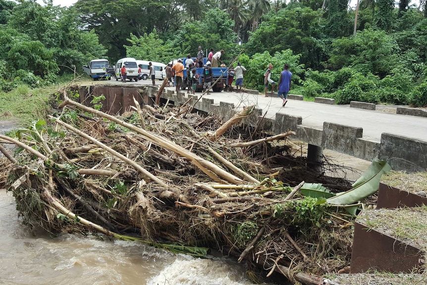 A bridge above a river where there is a considerable amount of debris from trees.