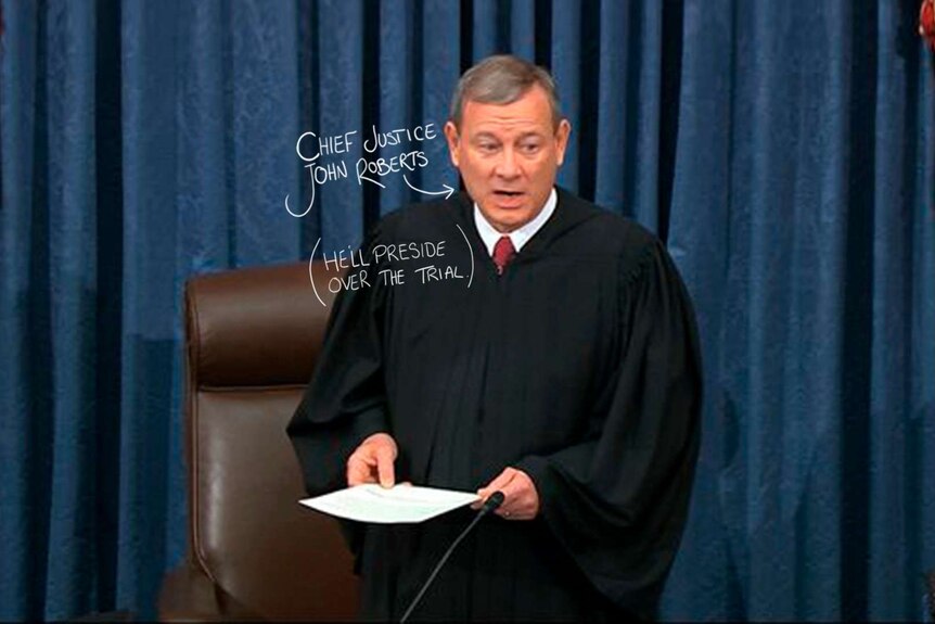 Chief Justice John Roberts stands in the Senate chamber, reading from a piece of paper