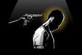 Film noir graphic of man in with gun pointed at head.