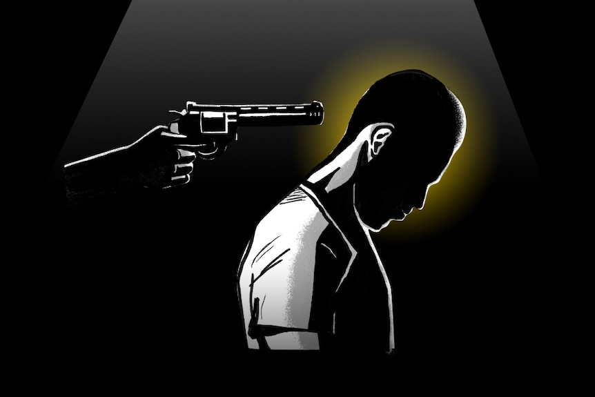 Film noir graphic of man in with gun pointed at head.