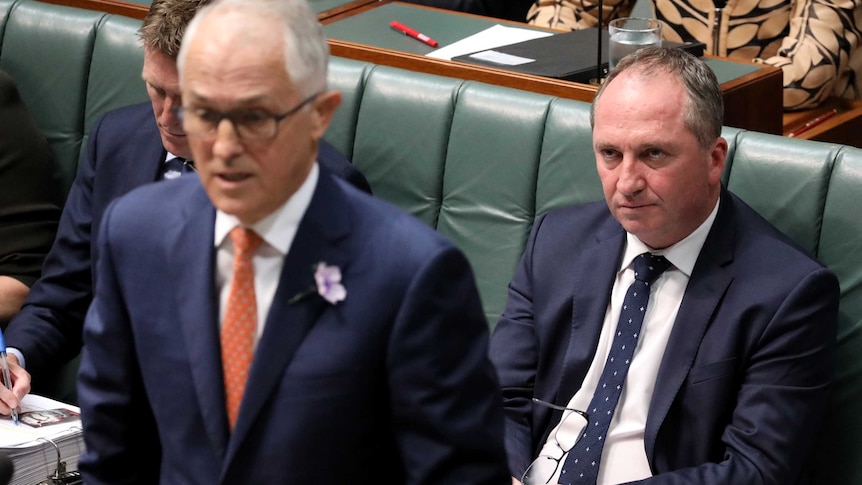 Malcolm Turnbull addresses the House of Representatives as Barnaby Joyce sits behind him.