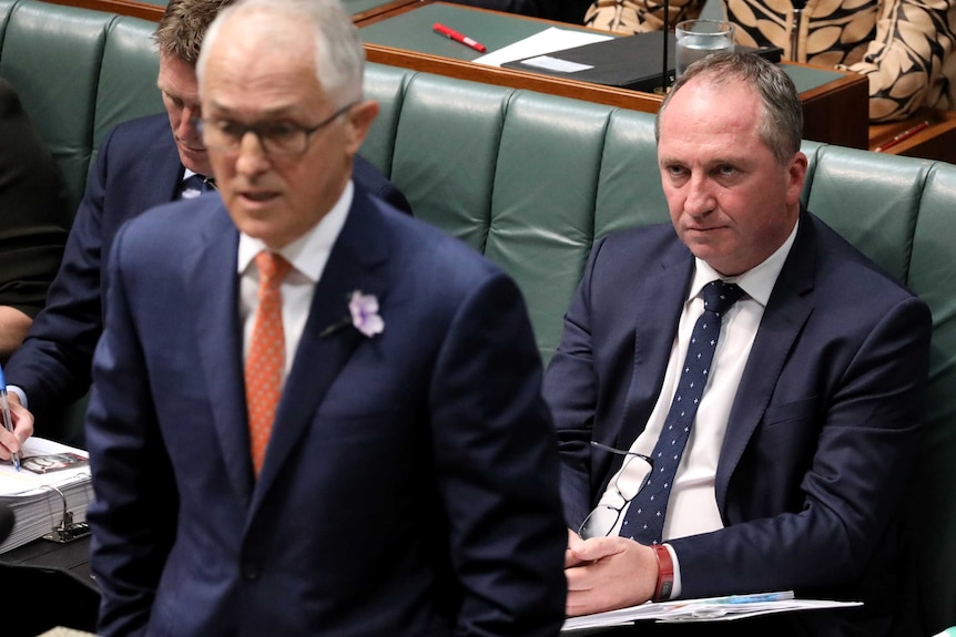 Malcolm Turnbull addresses the House of Representatives as Barnaby Joyce sits behind him.