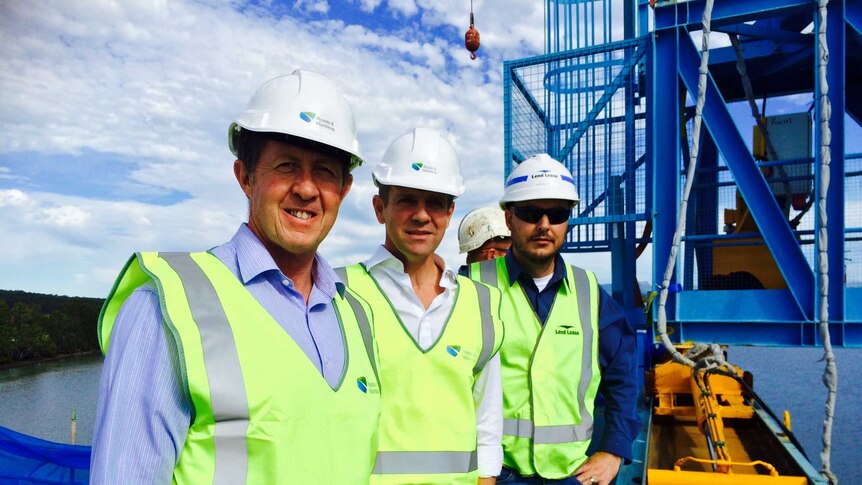 The Premier Mike Baird, with Cowper MP Luke Hartsuyker, at the site of the new bridge over the Hastings River