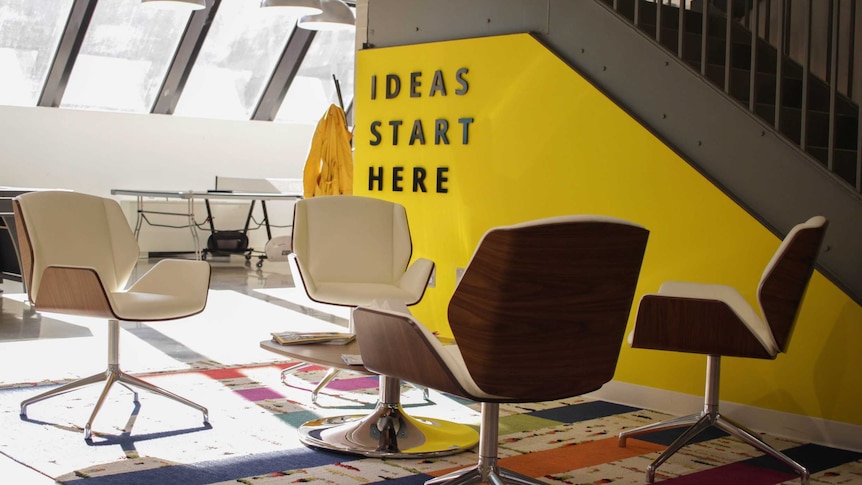 Four empty white leather armchairs in the middle of an office.