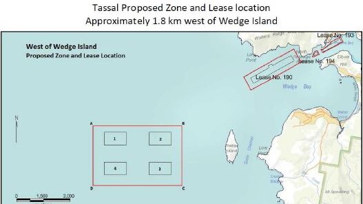 A map showing the proposed fish farm zone near Wedge Island in southern Tasmania
