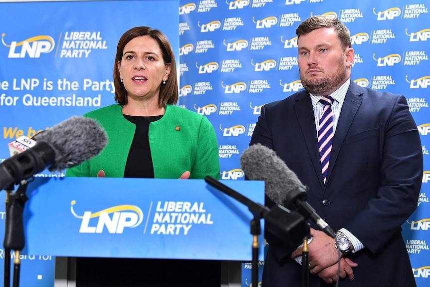 Deb Frecklington and David Hutchinson at a press conference in Brisbane on February 1, 2019.