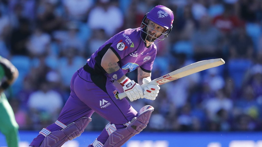 Matthew Wade holds a cricket bat as he makes a run during a Hurricanes BBL game