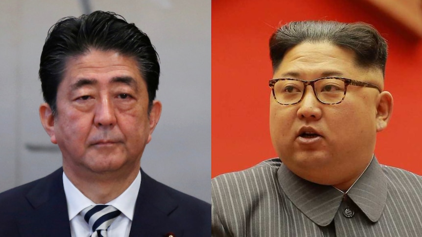 A composite image of Shinzo Abe and Kim Jong-un.