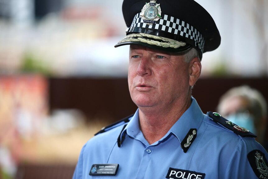 A head and shoulders shot of WA Vaccine Commander and Deputy Police Commissioner Gary Dreibergs at a media conference.