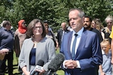 Labor leader Bill Shorten and Ged Kearney stand at a press conference in Preston.