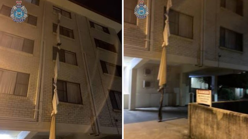 Composite images of sheets being hoisted from a hotel window