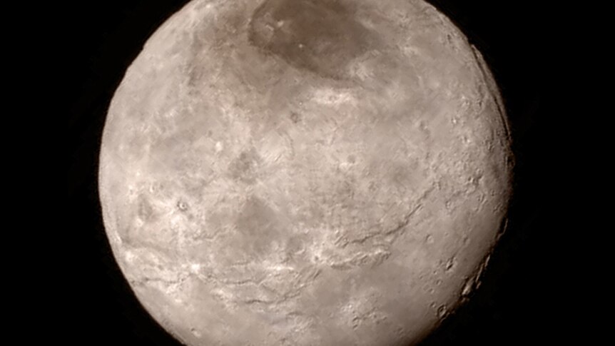 Pluto's moon Charon, seen in a NASA image captured during New Horizons' closest pass by the system.