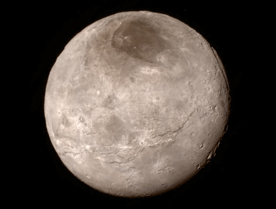 Pluto's moon Charon, seen in a NASA image captured during New Horizons' closest pass by the system.