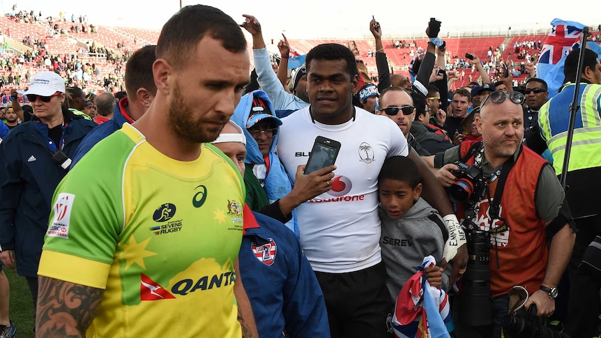 Quade Cooper looks dejected after Australia Sevens loss