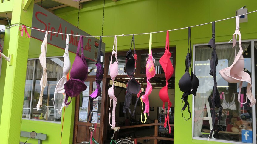 Bras have been made into bunting on shopfronts in Dorrigo as part of Breast Cancer Awareness month.