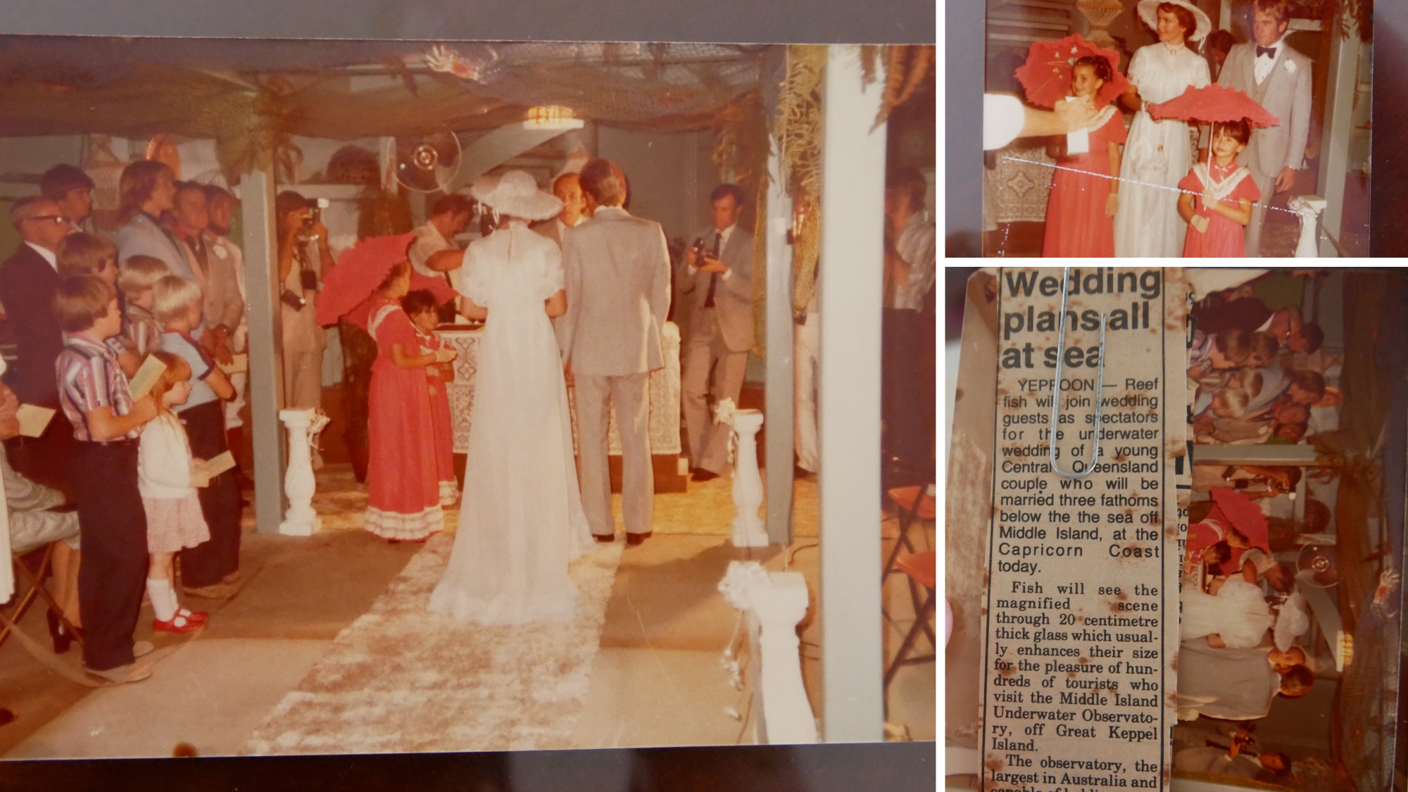Colagem de fotografias sépia de um casamento no prédio do observatório, recortes de jornais