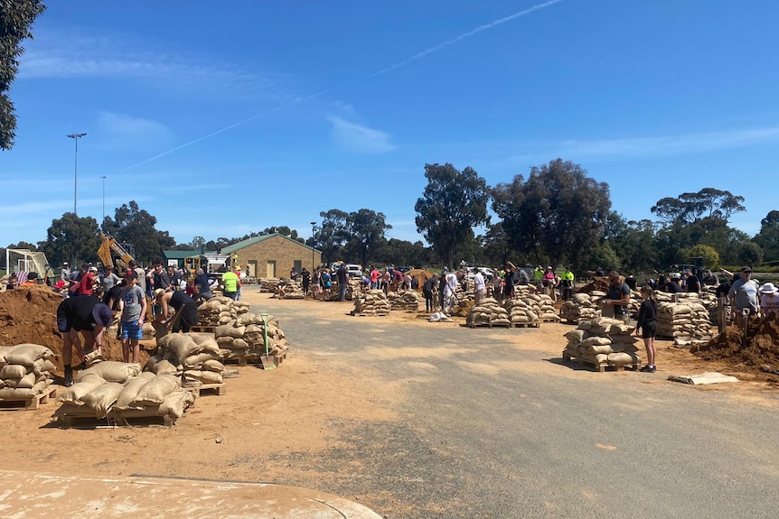 People work to fill sandbags on a country road.