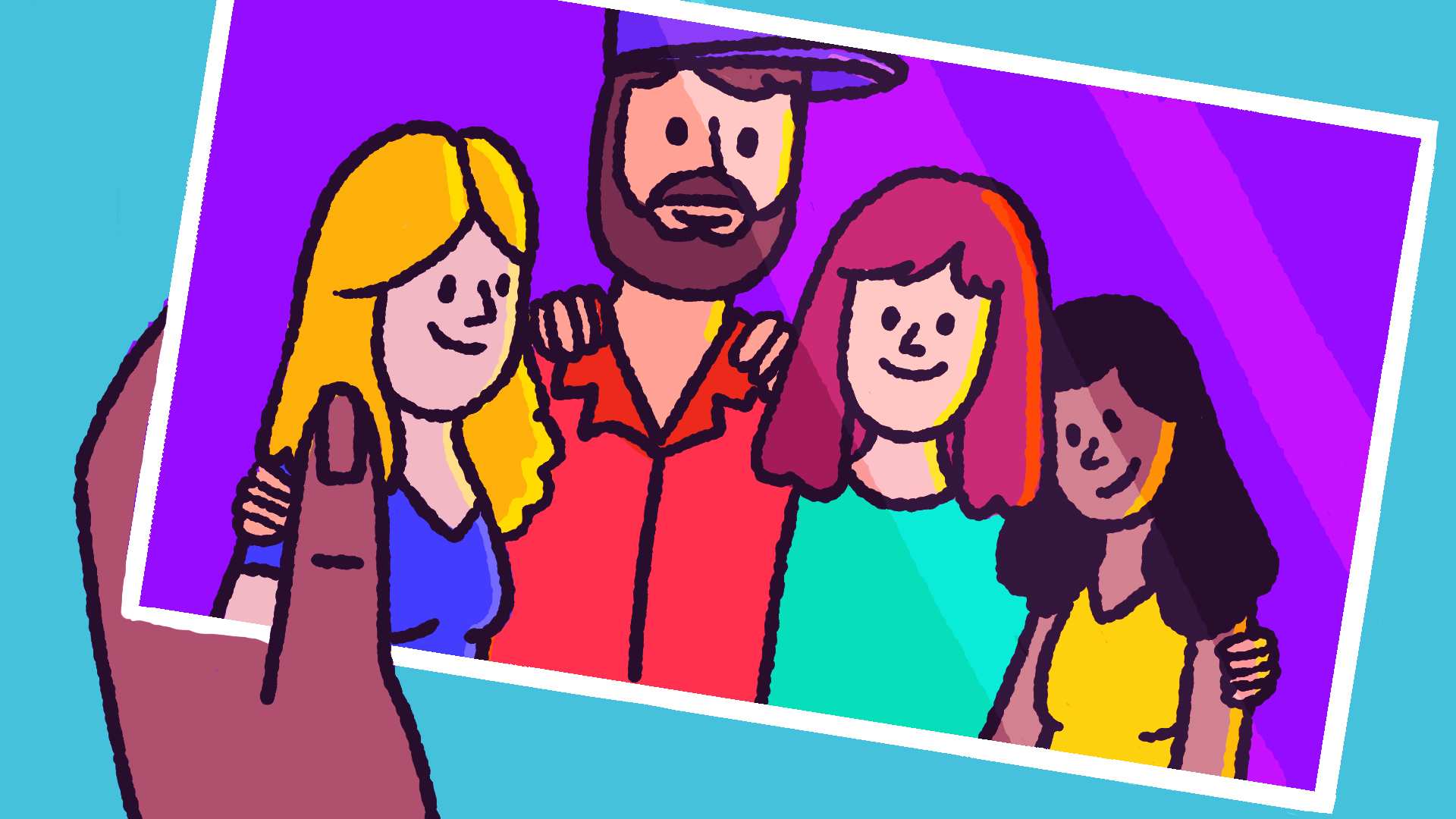 A cartoon of a hand holding a photograph of four smiling friends for a story about why there's more to love than romance.
