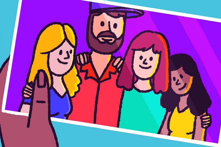 A cartoon of a hand holding a photograph of four smiling friends for a story about why there's more to love than romance.
