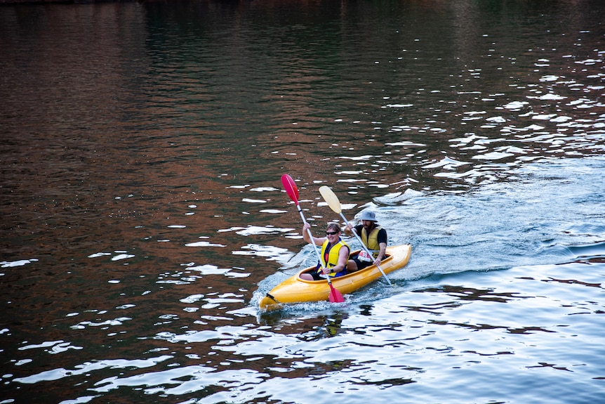 Two people paddle up a body of water in a canoe.