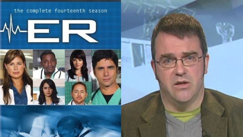 Composite image showing front cover of DVD of ER (Emergency Room) TV show and Dr David Caldicott.