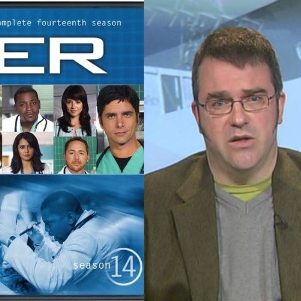 Composite image showing front cover of DVD of ER (Emergency Room) TV show and Dr David Caldicott.