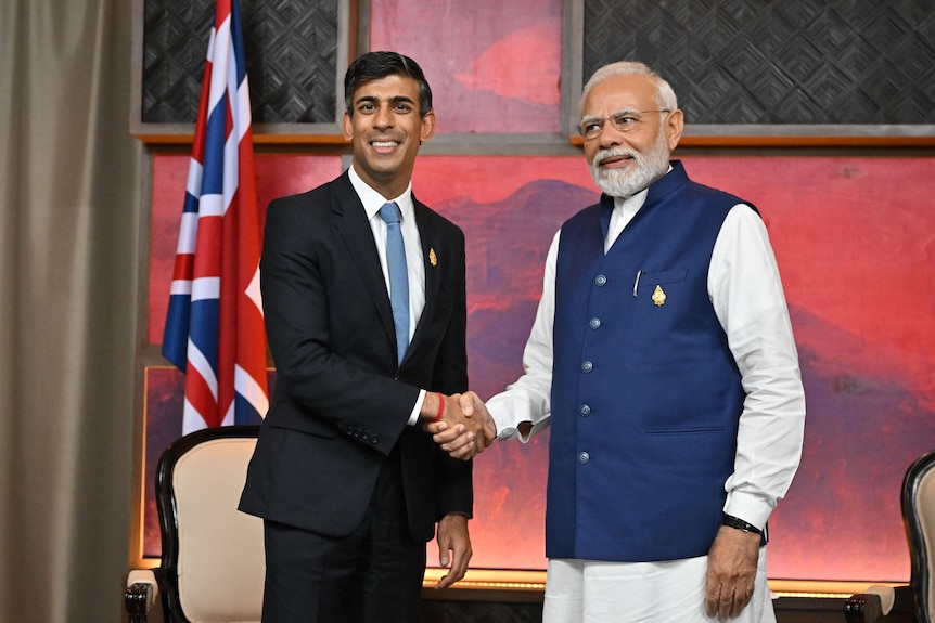 Two men shaking hands in front of flags 