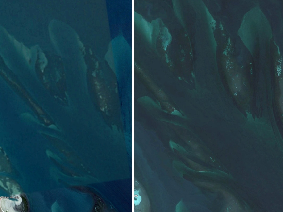 Imágenes de satélite del océano. La imagen de la izquierda muestra contornos claros del arrecife. La imagen de la derecha es menos nítida.
