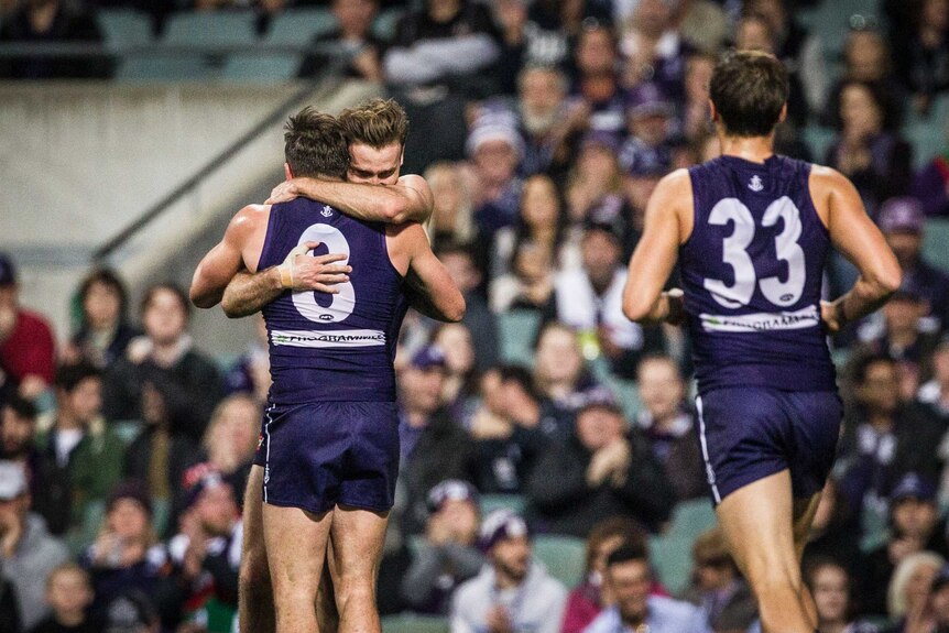 Hayden Crozier of the Fremantle Dockers celebrates a goal against Gold Coast at Subiaco Oval.