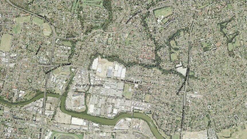 A satellite image of Parramatta in the daytime.
