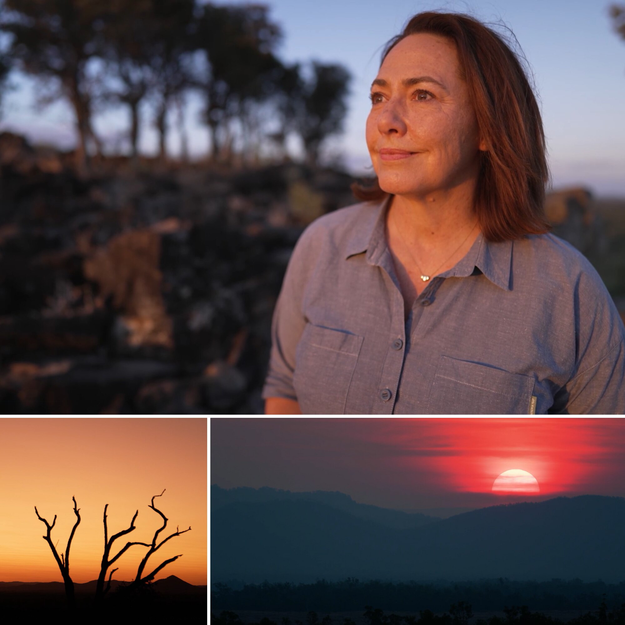 Woman looks out to setting sun with face illuminated by the sun's soft, golden glow