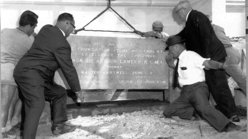 The foundation stone of Western Australia's Parliament House is repositioned in 1964 - black and white photo