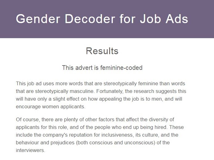 A screenshot from a website shows the explanation for the gender decoder tool. A job ad is pasted in the box below.