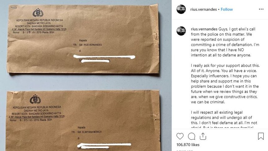 An Instagram photo of two envelopes with police crests on them.