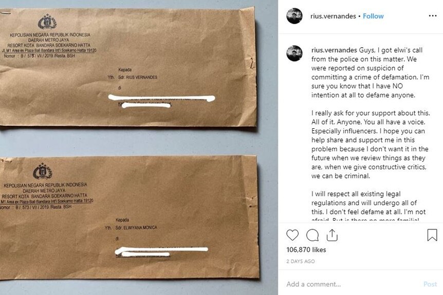An Instagram photo of two envelopes with police crests on them.