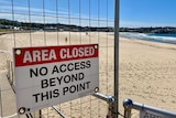 A sign that reads "Area Closed No Access Beyond This Point" with a deserted beach in the background