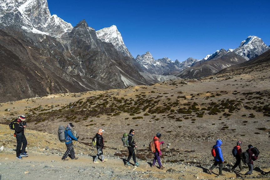 A group of peple wearing warm clothes and backpacks and holding sticks walk with a mountain in the background.
