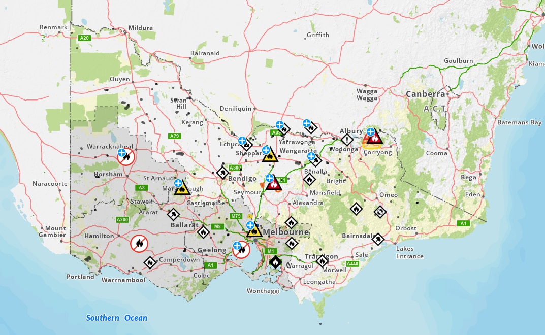 Un mapa de Victoria con advertencias de incendio.