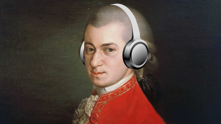 Portrait of Mozart wearing headphones.